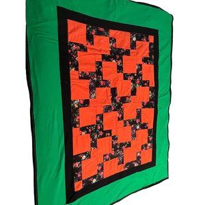Hand Made Lap Quilt Baby Blanket Fleece Back 53" x 41" Black Red Green Floral